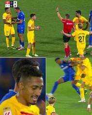 Barca's Raphinha was sent off for a nasty elbow to Gaston Alvarez's face.